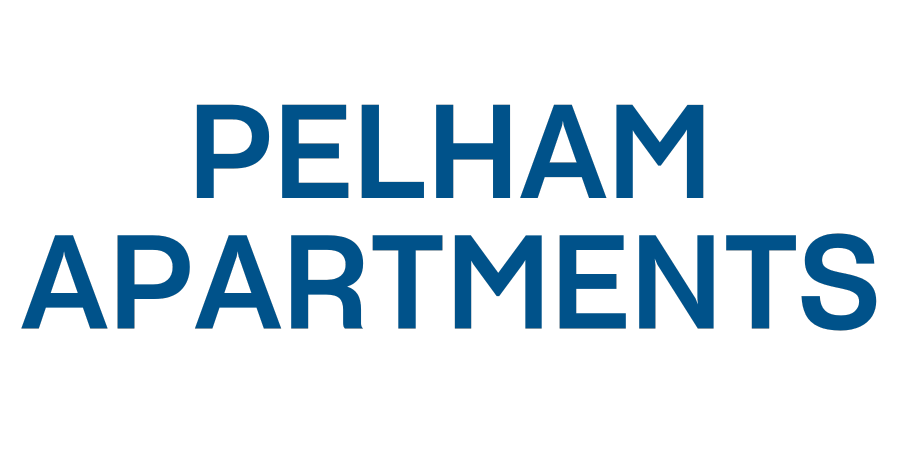 the word pelham apartments in blue text on a black background